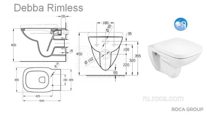 Унитаз подвесной безободковый ROCA Debba 34699L00Y. Фото